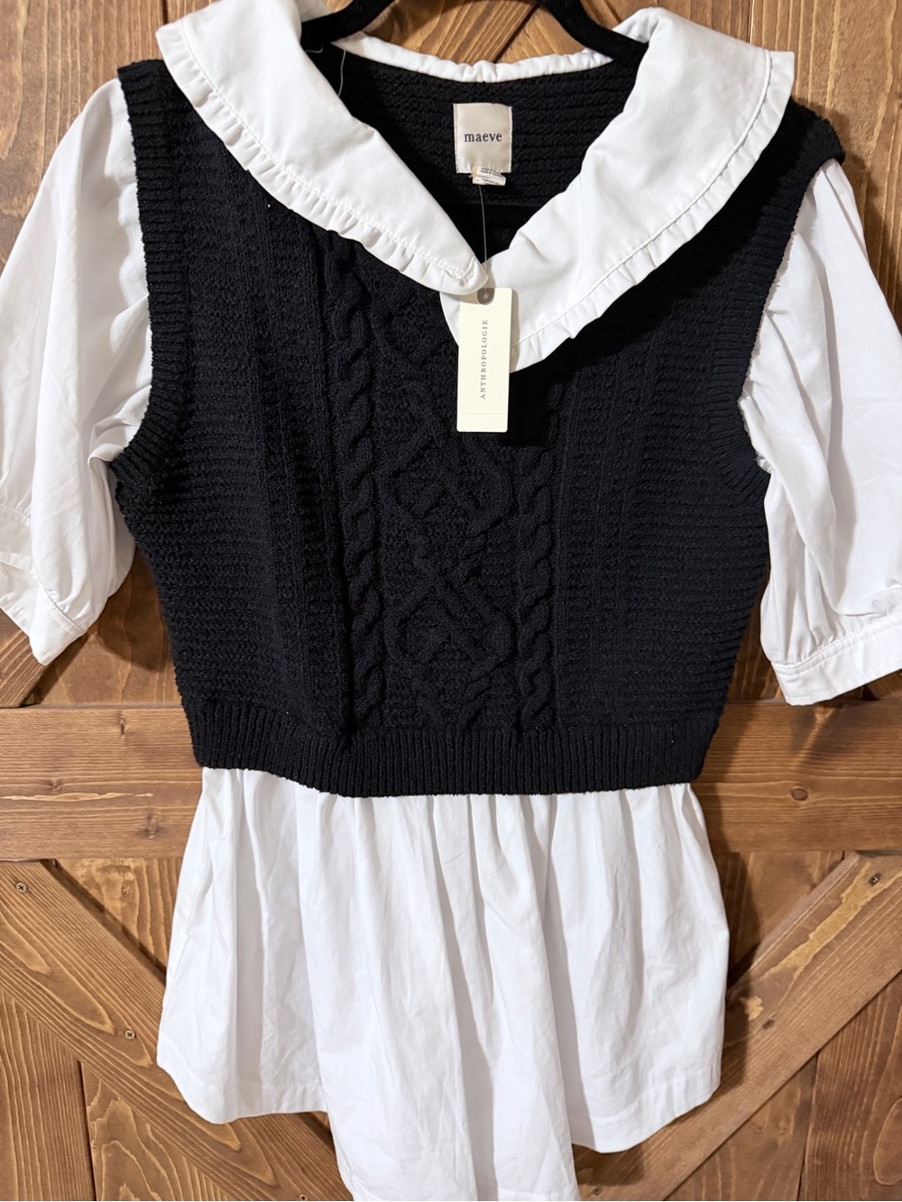 Maeve Black Knit Vest Over White Blouse Dress